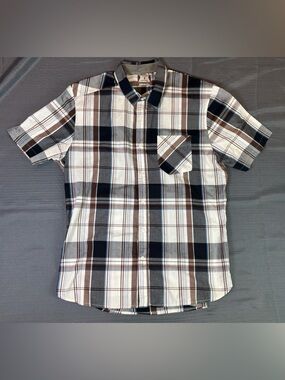 Volcom Plaid Button Up Shirt Mens XL Short Sleeve Brown Blue Casual